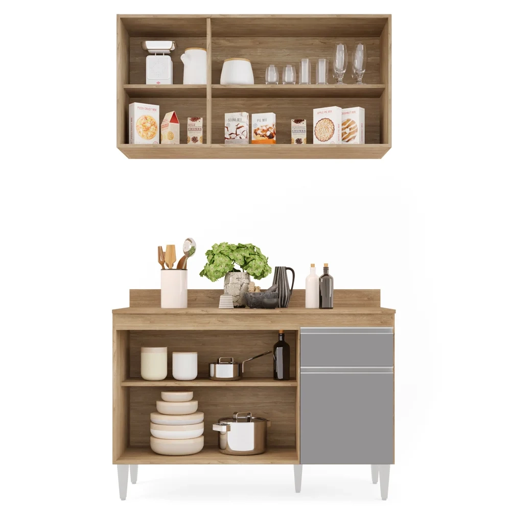 Armário Aéreo Virgínia e Balcão com Tampo 120cm Arizona Castanho/Cinza - Lumil