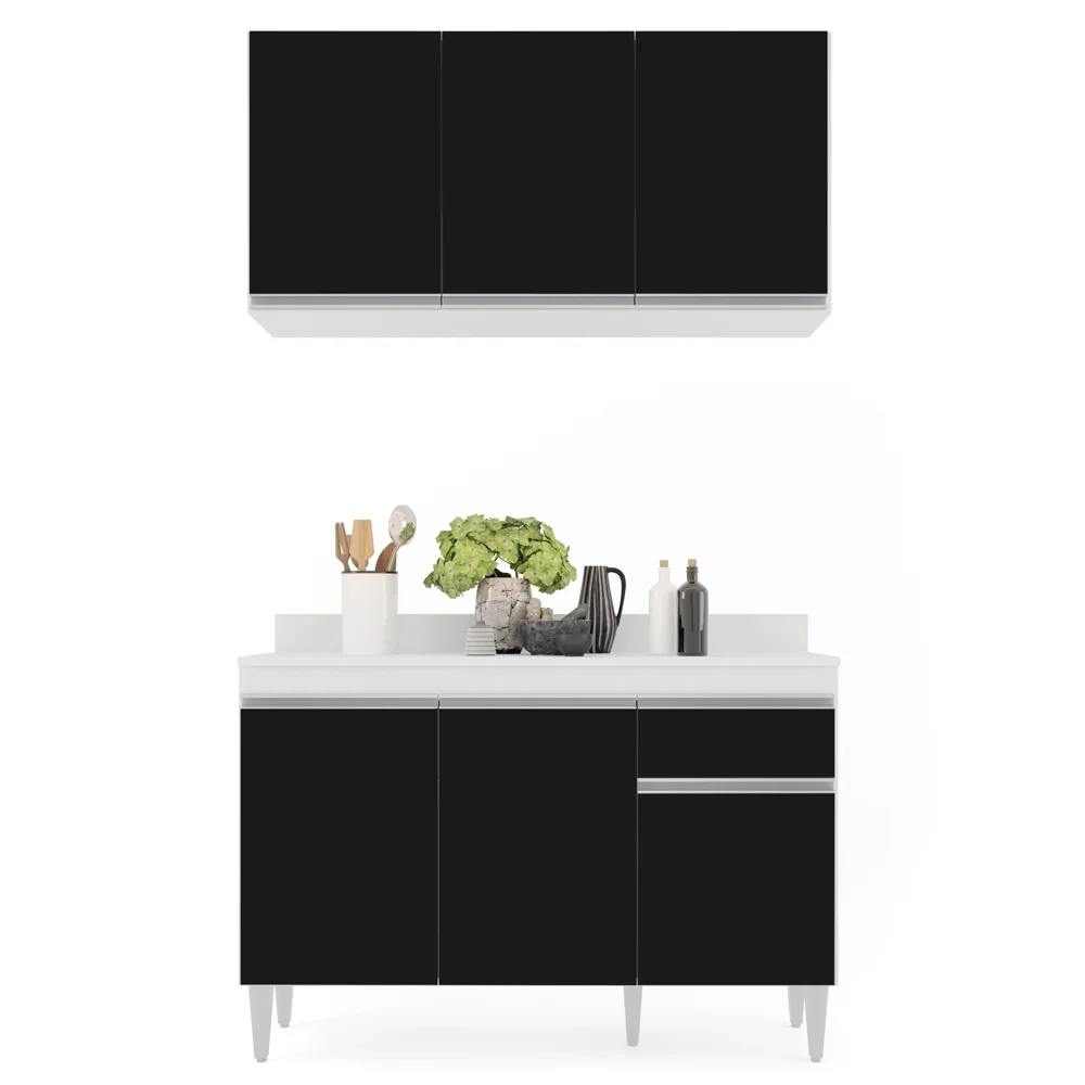 Armário Aéreo Virgínia e Balcão com Tampo 120cm Arizona Branco/Preto - Lumil