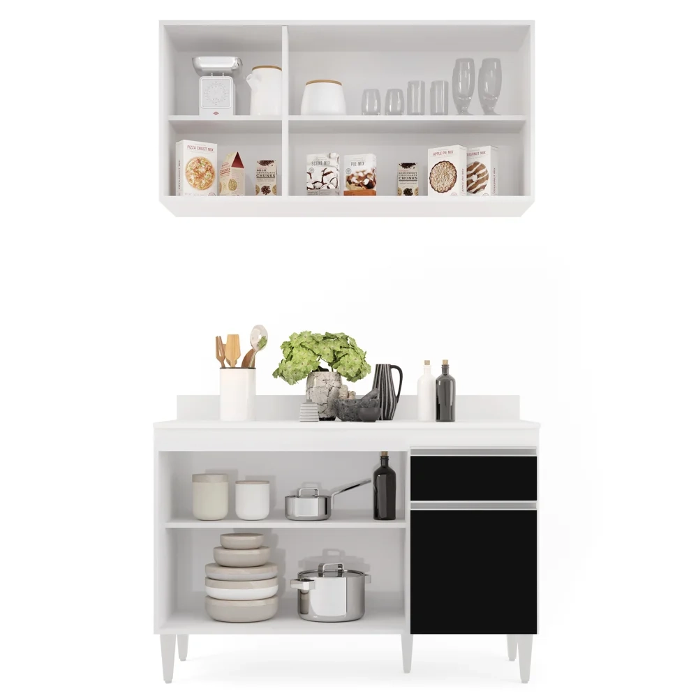 Armário Aéreo Virgínia e Balcão com Tampo 120cm Arizona Branco/Preto - Lumil