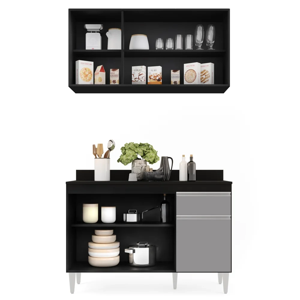 Armário Aéreo Virgínia e Balcão com Tampo 120cm Arizona Preto/Cinza - Lumil