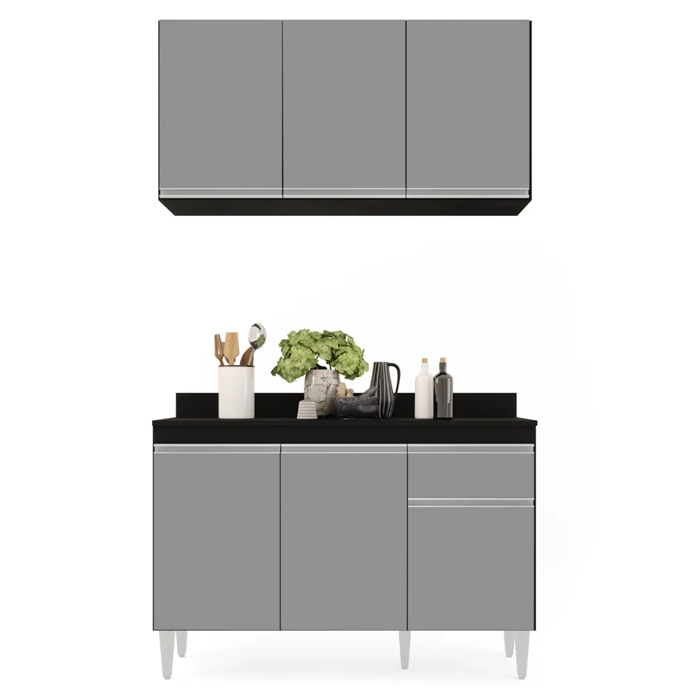 Armário Aéreo Virgínia e Balcão com Tampo 120cm Arizona Preto/Cinza - Lumil