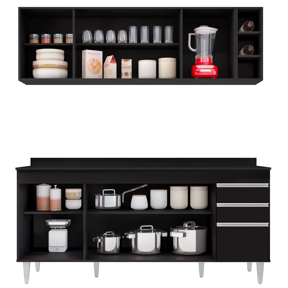 Armário Aéreo Nevada e Balcão 180cm com Tampo Dallas Preto - Lumil