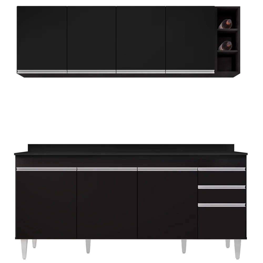 Armário Aéreo Nevada e Balcão 180cm com Tampo Dallas Preto - Lumil