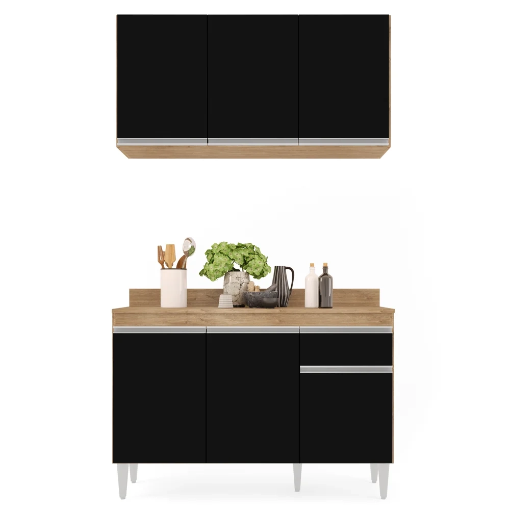 Armário Aéreo Virgínia e Balcão com Tampo 120cm Arizona Castanho/Preto - Lumil