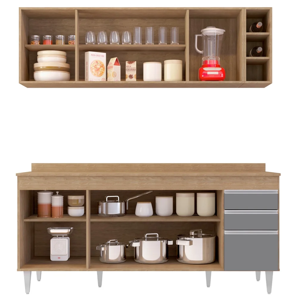 Armário Aéreo Nevada e Balcão 180cm com Tampo Dallas Castanho/Cza - Lumil