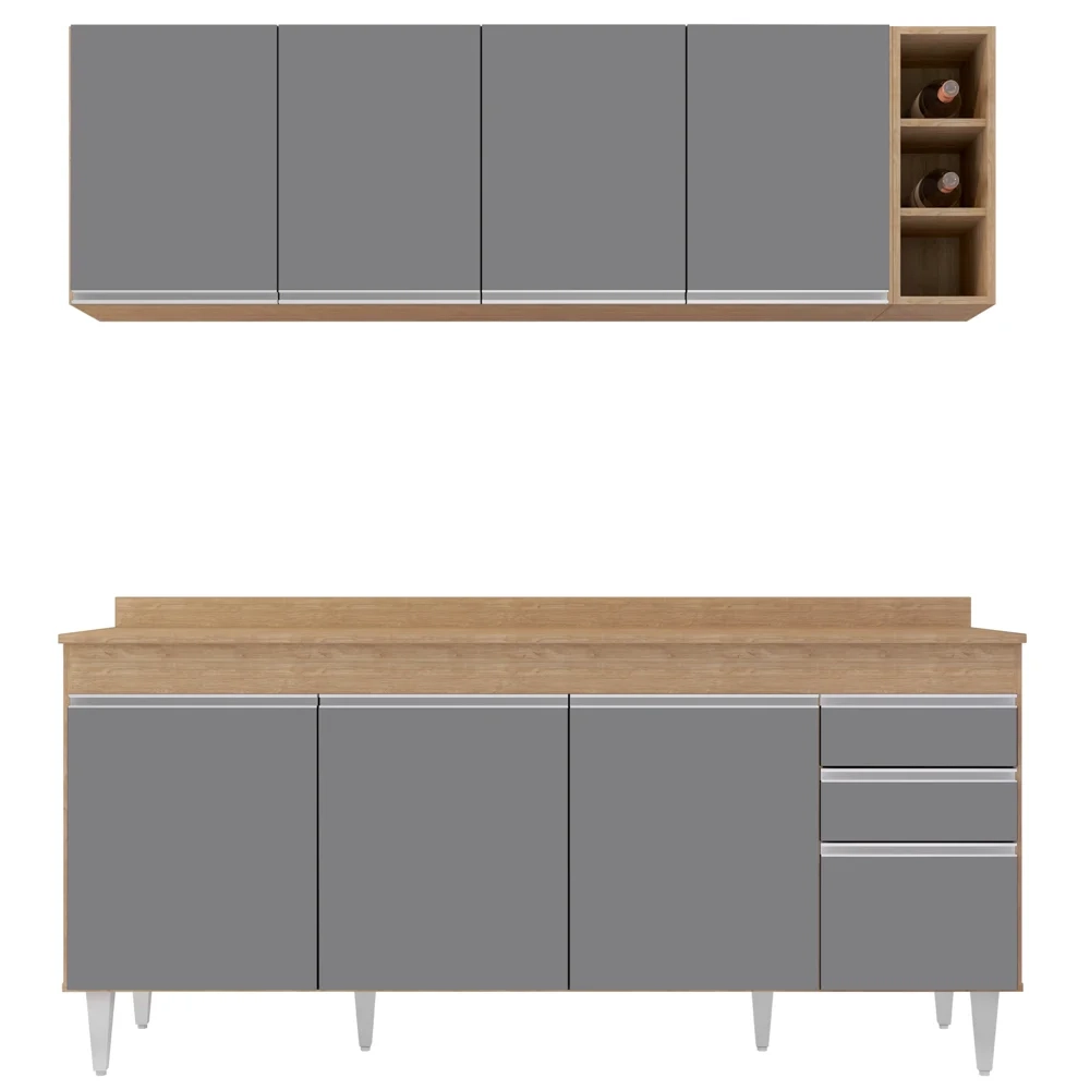 Armário Aéreo Nevada e Balcão 180cm com Tampo Dallas Castanho/Cza - Lumil