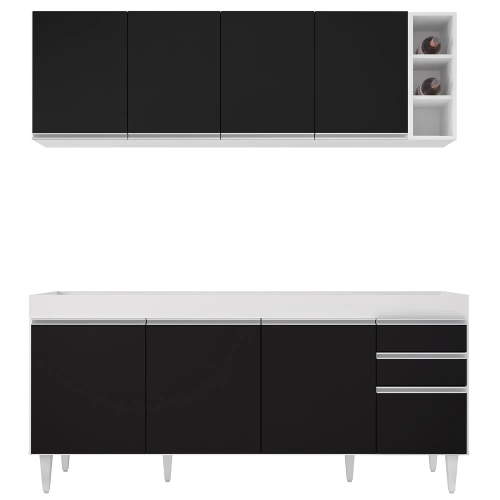 Armário Aéreo Nevada e Balcão 180cm com Tampo Dallas Branco/Preto - Lumil