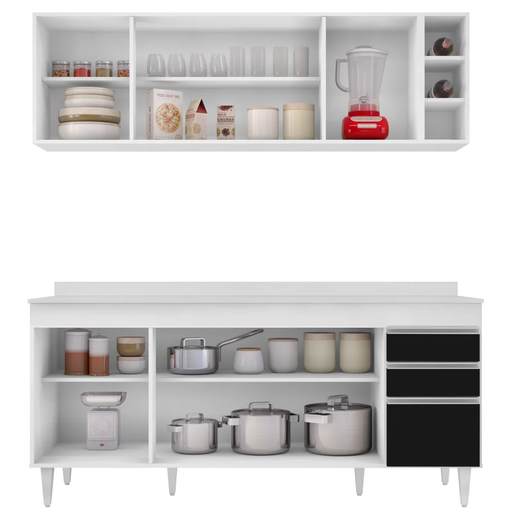 Armário Aéreo Nevada e Balcão 180cm com Tampo Dallas Branco/Preto - Lumil