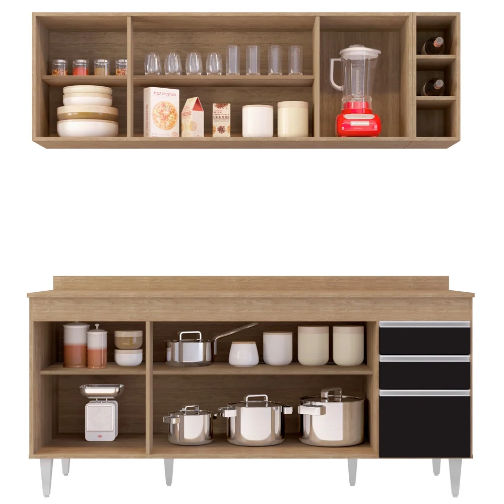 Armário Aéreo Nevada e Balcão 180cm com Tampo Dallas Castanho/Pto - Lumil