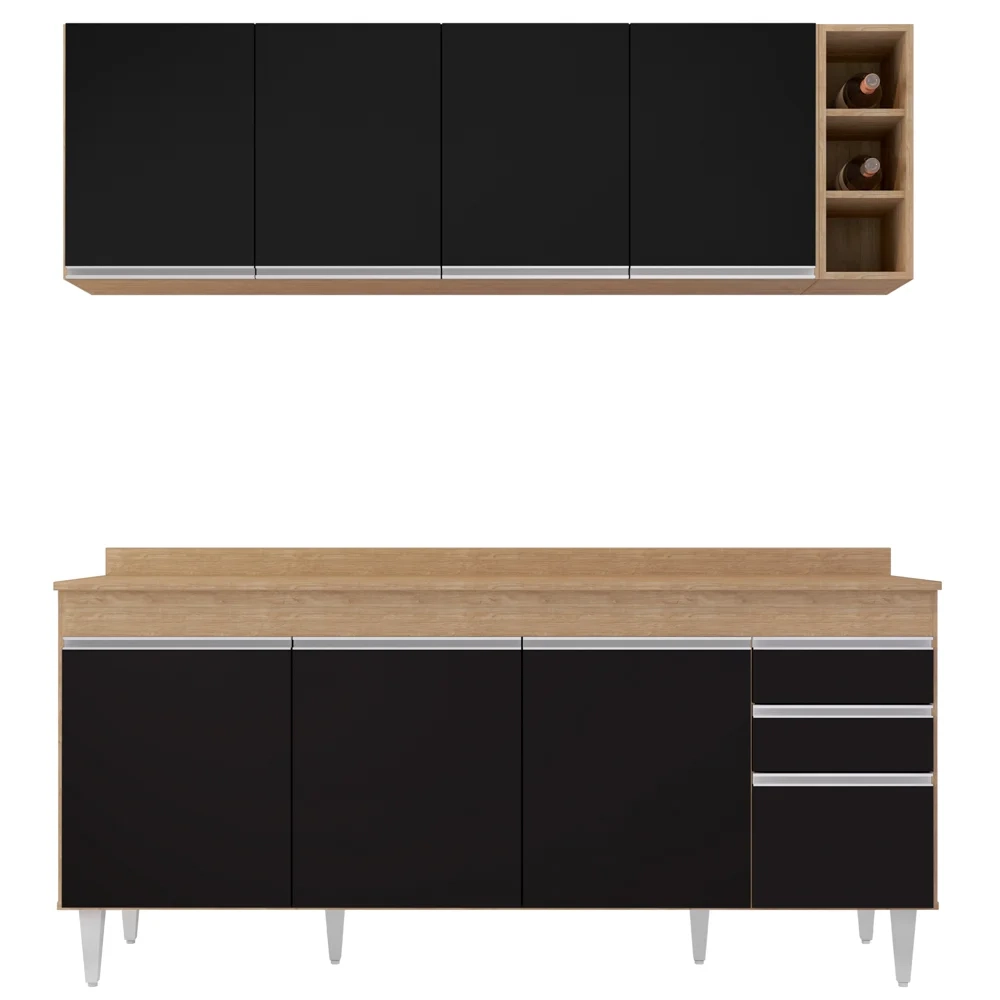 Armário Aéreo Nevada e Balcão 180cm com Tampo Dallas Castanho/Pto - Lumil