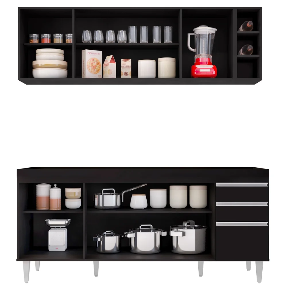 Armário Aéreo Nevada e Balcão para Pia 180cm Dallas Preto - Lumil