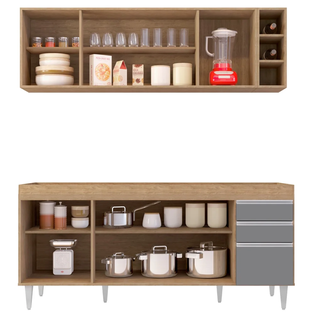 Armário Aéreo Nevada e Balcão para Pia 180cm Dallas Castanho/Cza - Lumil