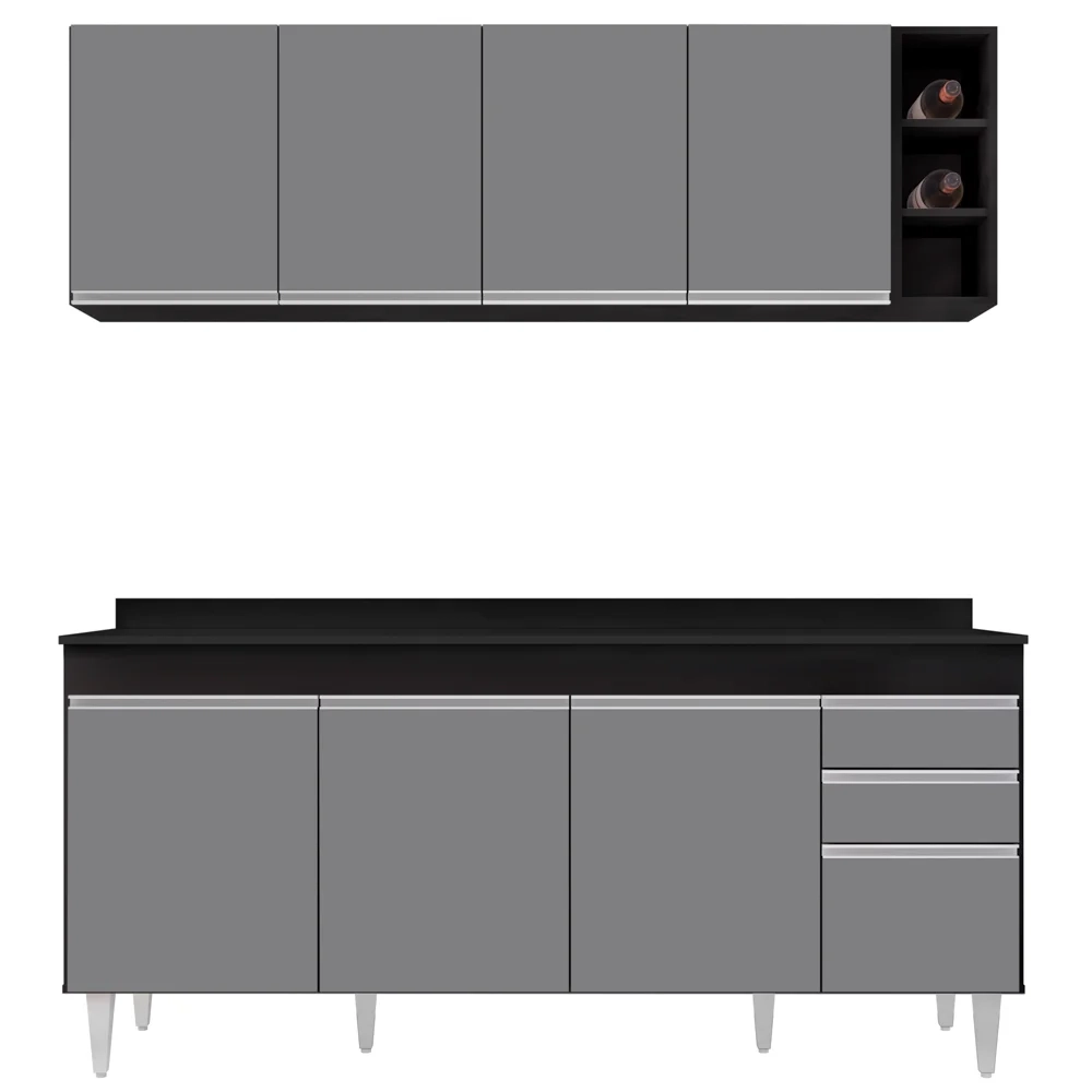 Armário Aéreo Nevada e Balcão 180cm com Tampo Dallas Preto/Cinza - Lumil