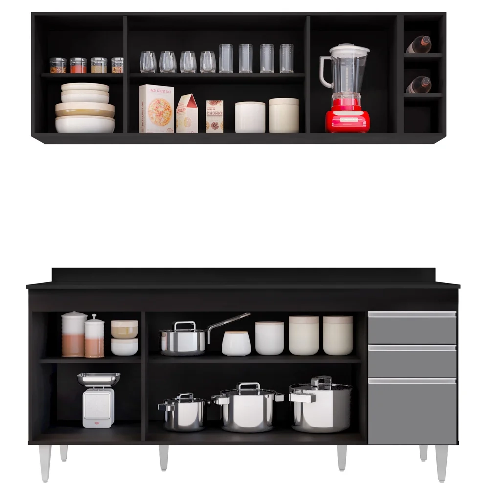 Armário Aéreo Nevada e Balcão 180cm com Tampo Dallas Preto/Cinza - Lumil