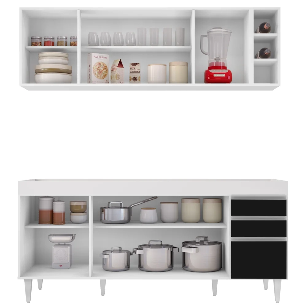 Armário Aéreo Nevada e Balcão para Pia 180cm Dallas Branco/Preto - Lumil