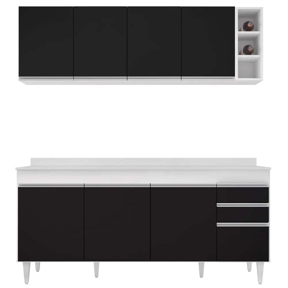 Armário Aéreo Nevada e Balcão para Pia 180cm Dallas Branco/Preto - Lumil