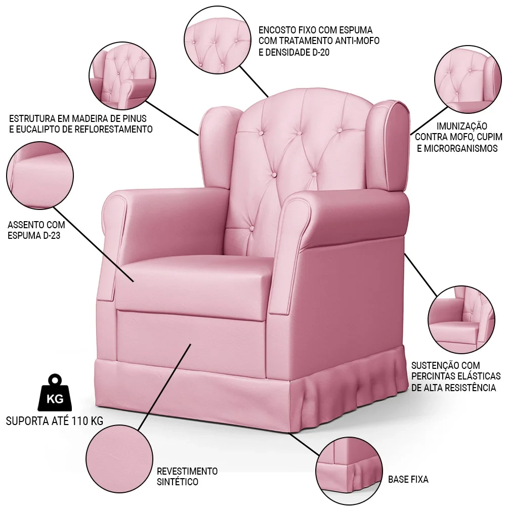 Poltrona de Amamentação Fixa Lucy Z39 Sintético Rosa - Mpozenato