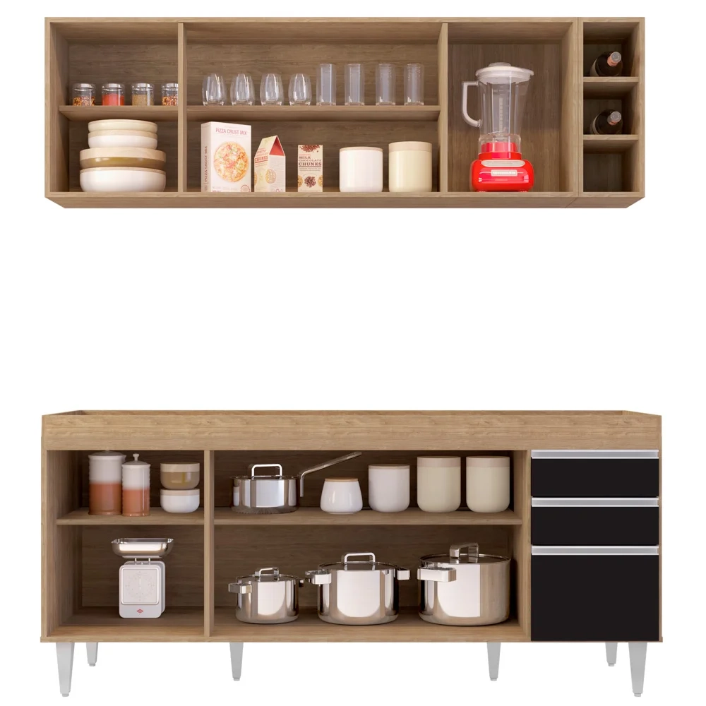 Armário Aéreo Nevada e Balcão para Pia 180cm Dallas Cast/Preto - Lumil