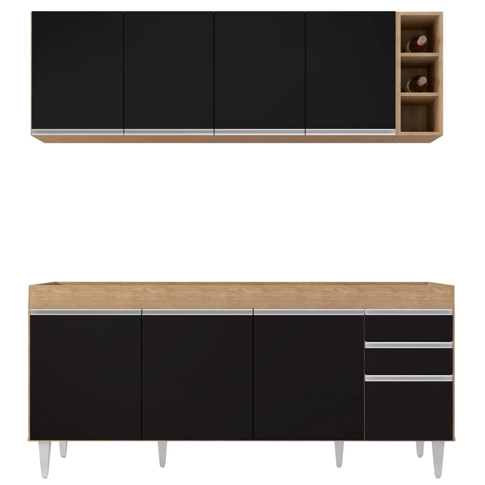 Armário Aéreo Nevada e Balcão para Pia 180cm Dallas Cast/Preto - Lumil