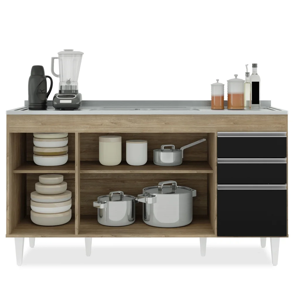 Balcão Gabinete com Pia Inox 150cm Marrocos Castanho/Preto - Lumil