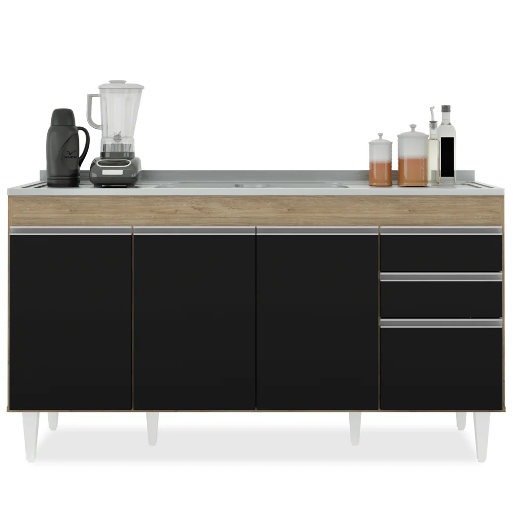 Balcão Gabinete com Pia Inox 150cm Marrocos Castanho/Preto - Lumil