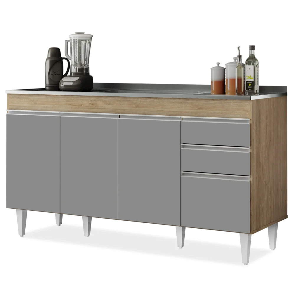 Balcão Gabinete com Pia Inox 150cm Marrocos Castanho/Cinza - Lumil