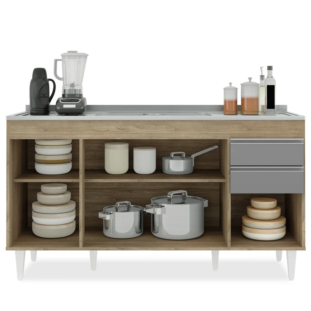 Balcão Gabinete com Pia Inox 150cm Marrocos Castanho/Cinza - Lumil