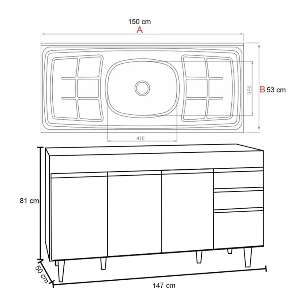 Balcão Gabinete com Pia Inox 150cm Marrocos Castanho/Cinza - Lumil