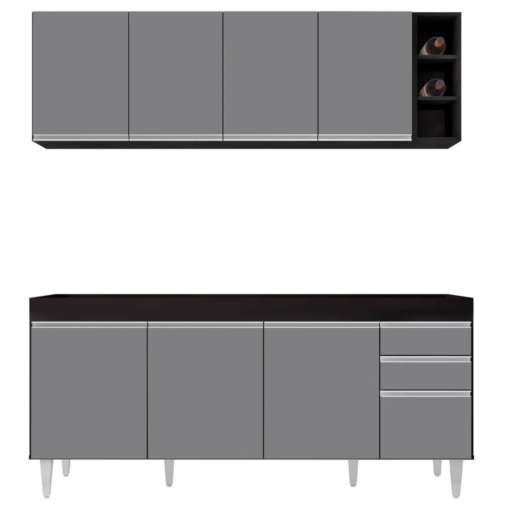 Armário Aéreo Nevada e Balcão para Pia 180cm Dallas Preto/Cinza - Lumil