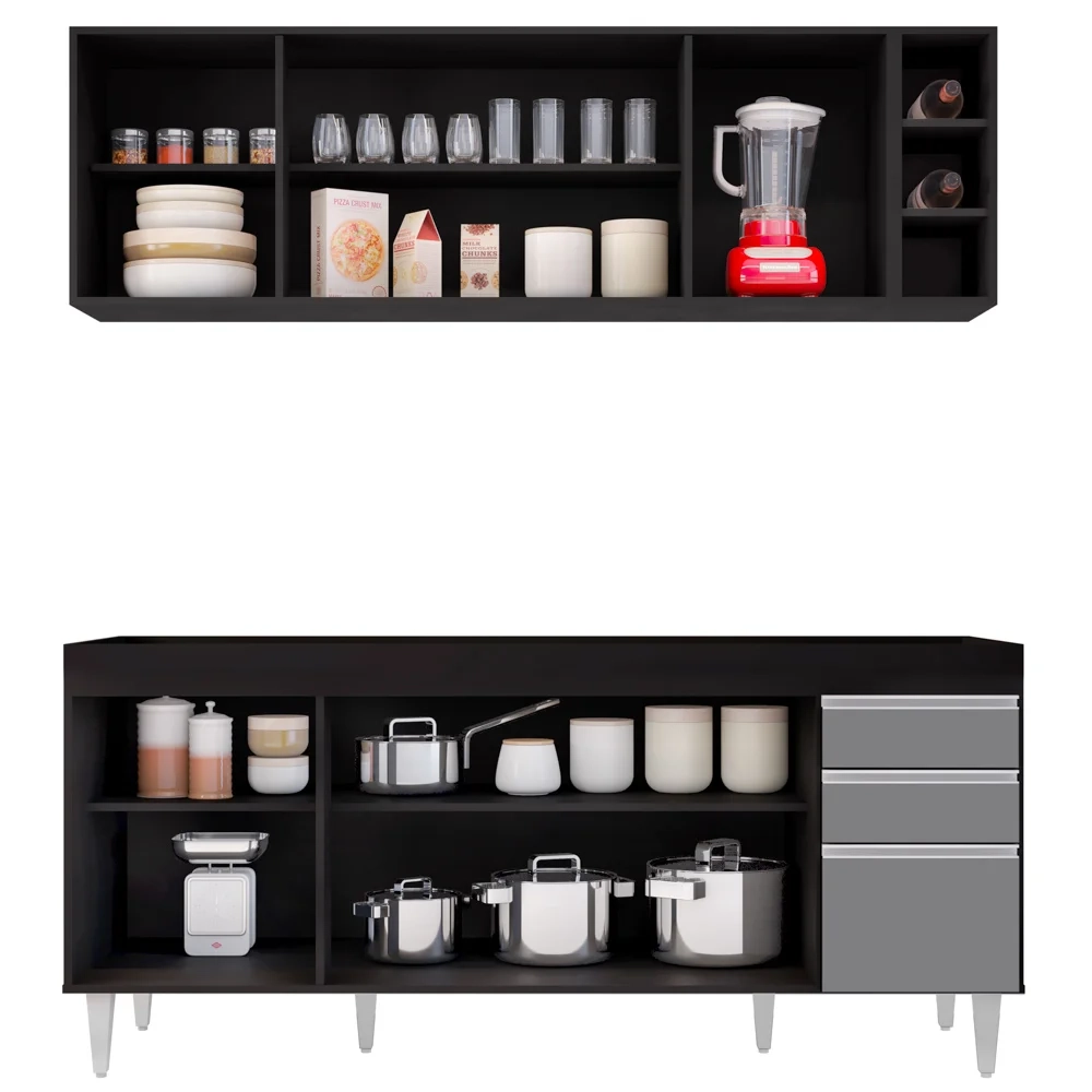 Armário Aéreo Nevada e Balcão para Pia 180cm Dallas Preto/Cinza - Lumil