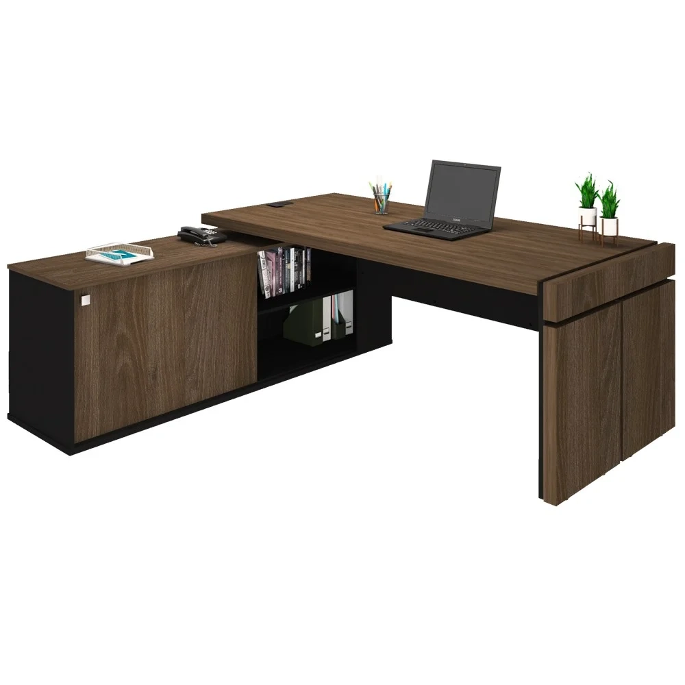 Mesa Diretor em L com Tomada Tamburato A06 Marrom/Preto - Mpozenato