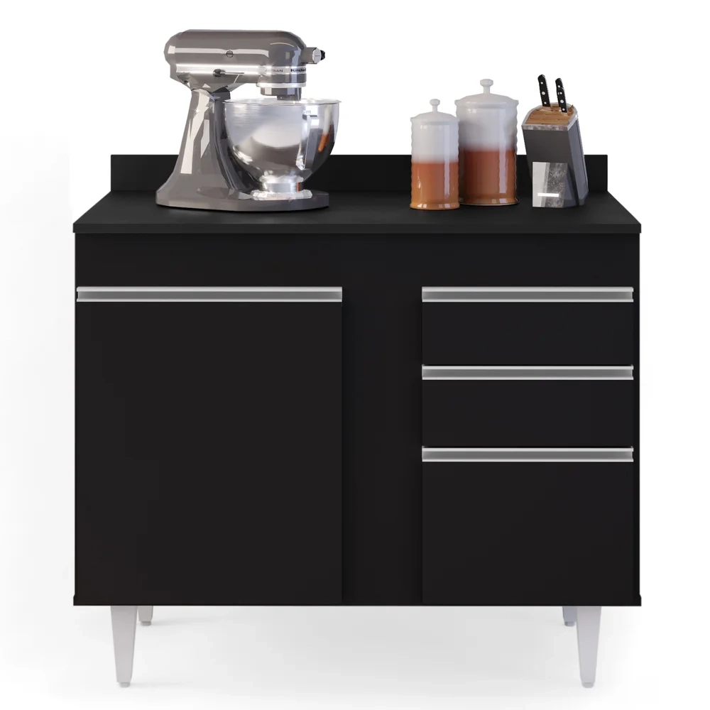 Balcão Gabinete 100cm com Tampo 2 Portas Luziania Preto - Lumil