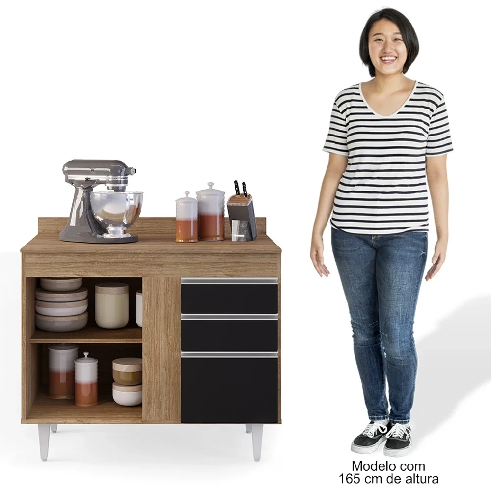 Balcão Gabinete 100cm com Tampo 2 Portas Luziania Castanho/Preto - Lumil