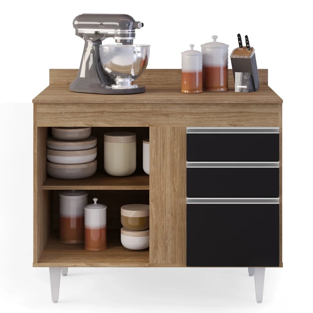 Balcão Gabinete 100cm com Tampo 2 Portas Luziania Castanho/Preto - Lumil