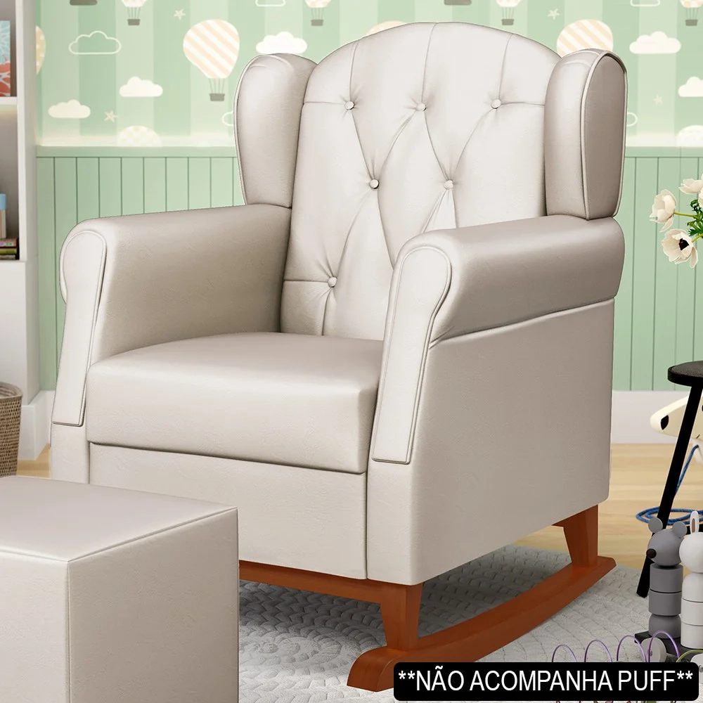 Poltrona de Amamentação Base Madeira Balanço Lucy Z39 Sintético Bege - Mpozenato