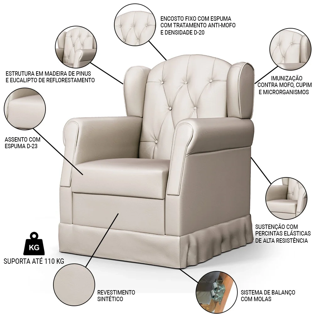 Poltrona de Amamentação Balanço e Puff Lucy Z39 Sintético Bege - Mpozenato