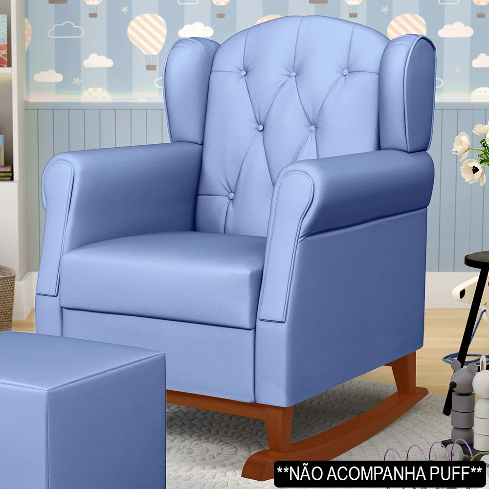 Poltrona de Amamentação Base Madeira Balanço Lucy Z39 Sintético Azul - Mpozenato