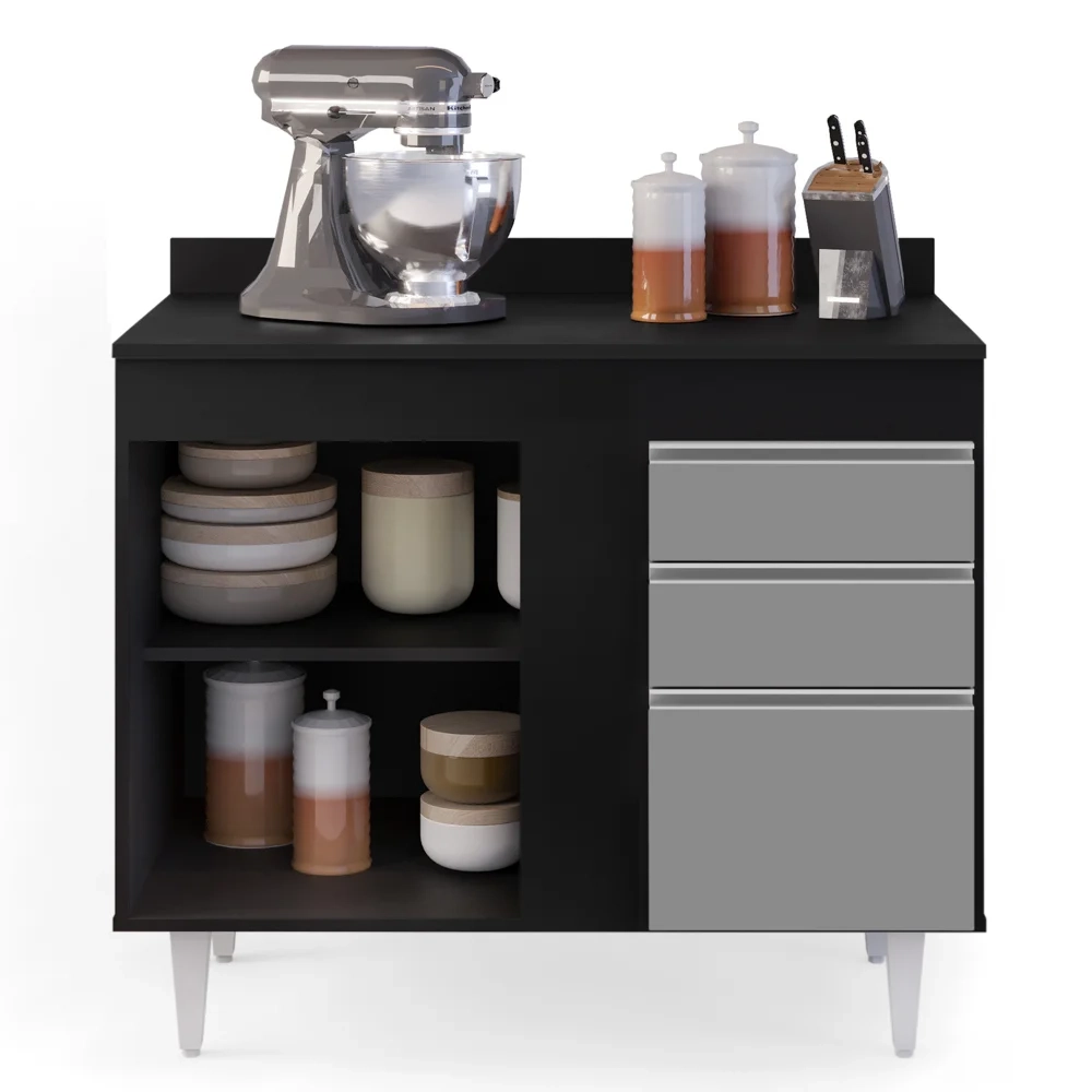 Balcão Gabinete 100cm com Tampo 2 Portas Luziania Preto/Cinza - Lumil