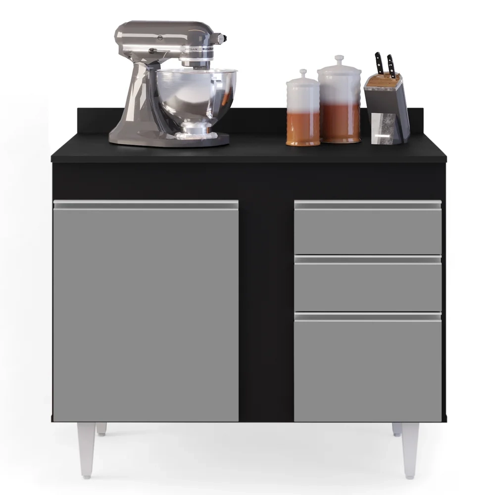 Balcão Gabinete 100cm com Tampo 2 Portas Luziania Preto/Cinza - Lumil