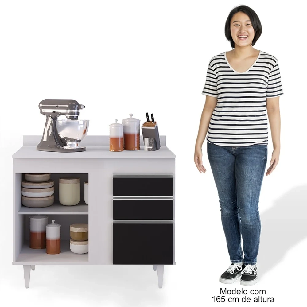 Balcão Gabinete 100cm com Tampo 2 Portas Luziania Preto/Branco - Lumil