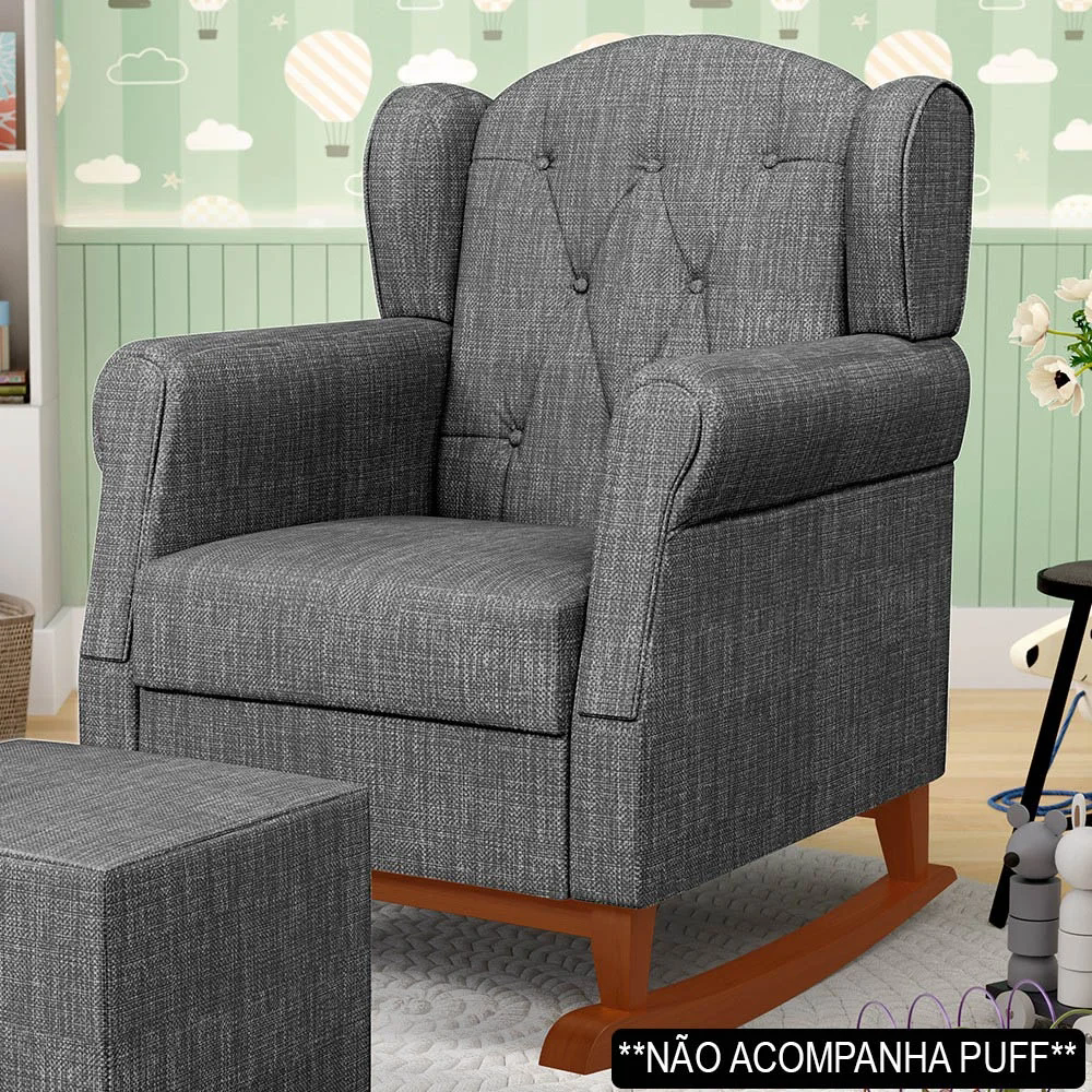 Poltrona de Amamentação Base Madeira Balanço Lucy Z39 Linho Cinza Escuro - Mpozenato