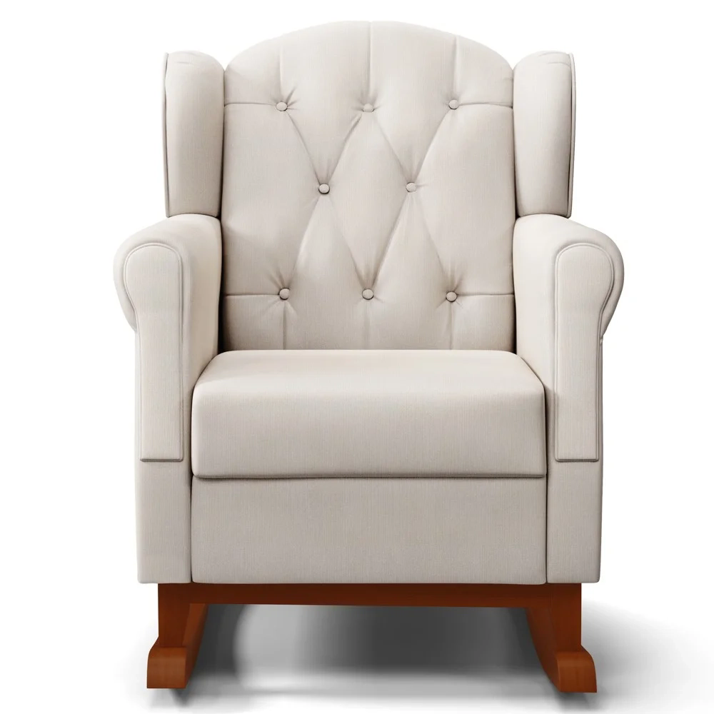 Poltrona de Amamentação Base Madeira Balanço Lucy Z39 Suede Bege - Mpozenato