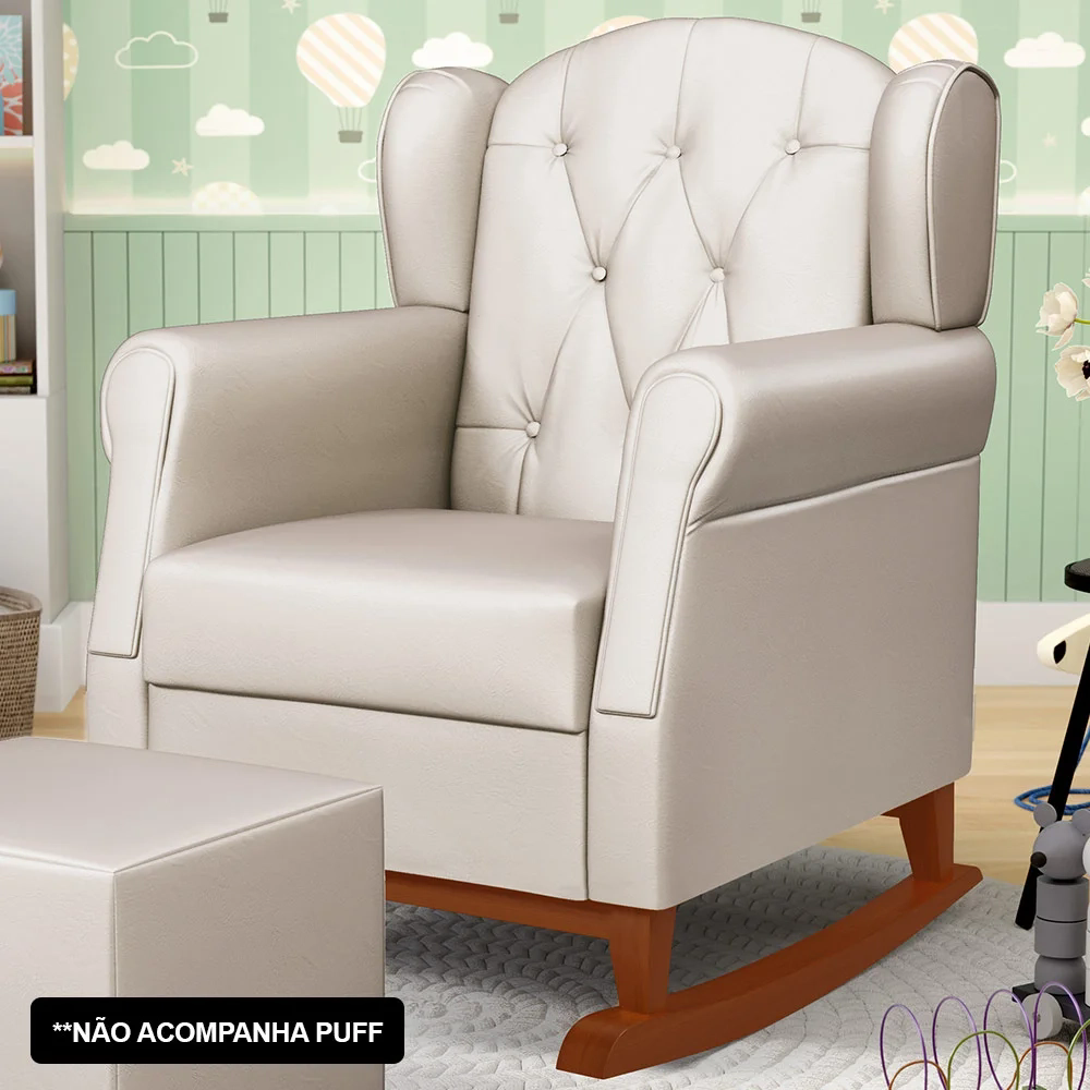 Kit 02 Poltronas Amamentação Base Madeira Balanço Lucy Z39 Sintético Bege - Mpozenato