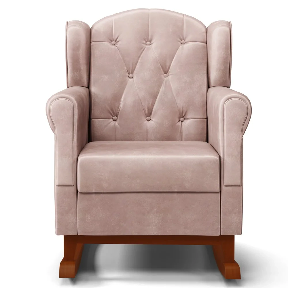 Poltrona de Amamentação Base Madeira Balanço Lucy Z39 Veludo Rosê - Mpozenato