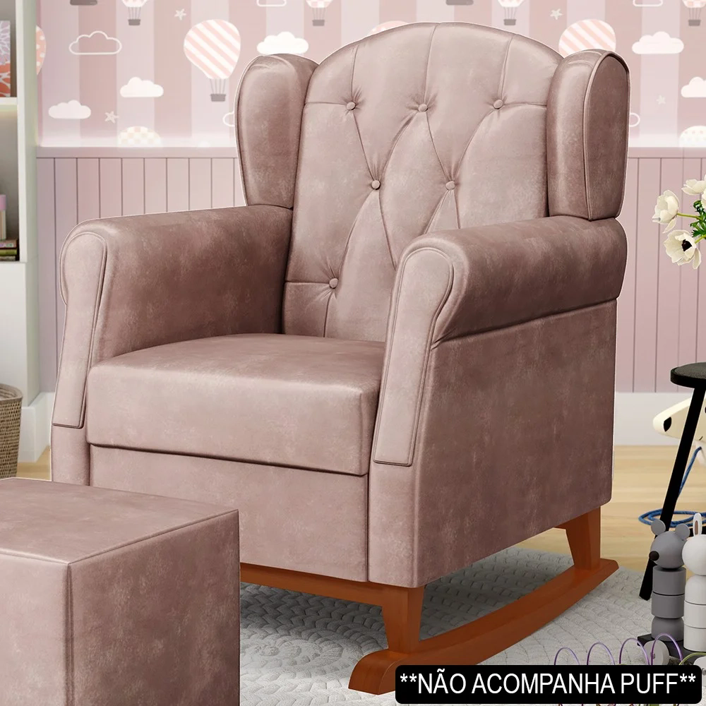 Poltrona de Amamentação Base Madeira Balanço Lucy Z39 Veludo Rosê - Mpozenato