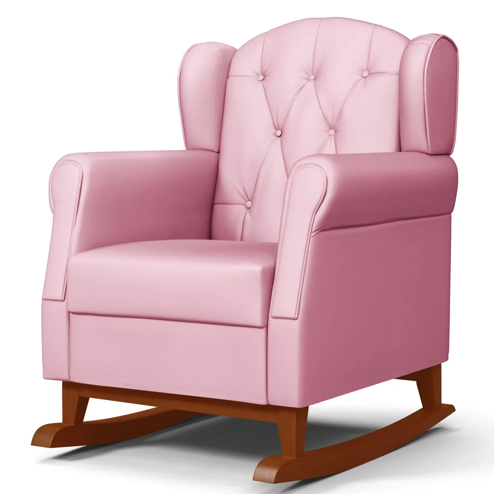 Kit 02 Poltronas Amamentação Base Madeira Balanço Lucy Z39 Sintético Rosa - Mpozenato