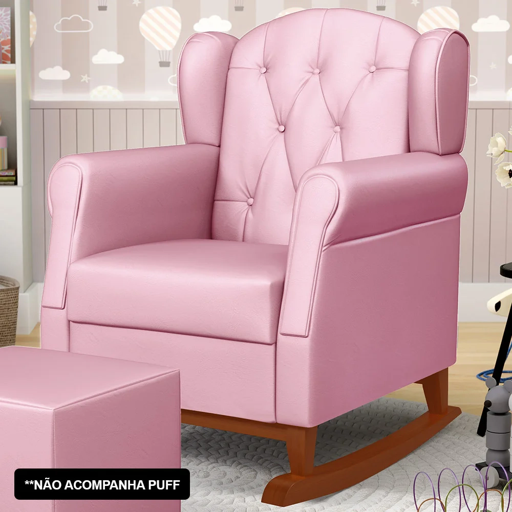 Kit 02 Poltronas Amamentação Base Madeira Balanço Lucy Z39 Sintético Rosa - Mpozenato