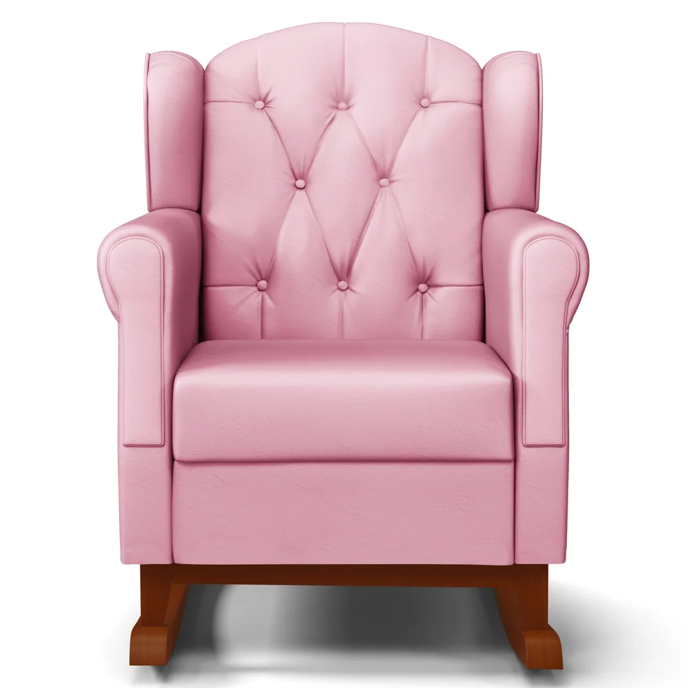 Kit 02 Poltronas Amamentação Base Madeira Balanço Lucy Z39 Sintético Rosa - Mpozenato