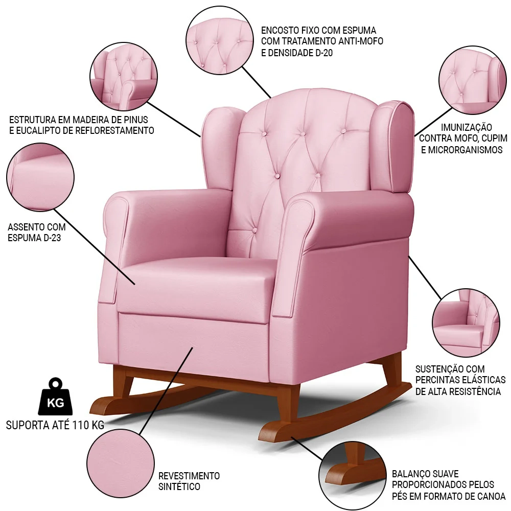 Kit 02 Poltronas Amamentação Base Madeira Balanço Lucy Z39 Sintético Rosa - Mpozenato