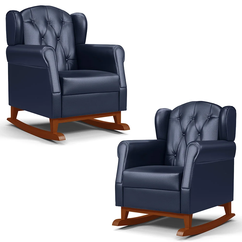 Kit 02 Poltronas Amamentação Base Madeira Balanço Lucy Z39 Sintético Azul Marinho - Mpozenato